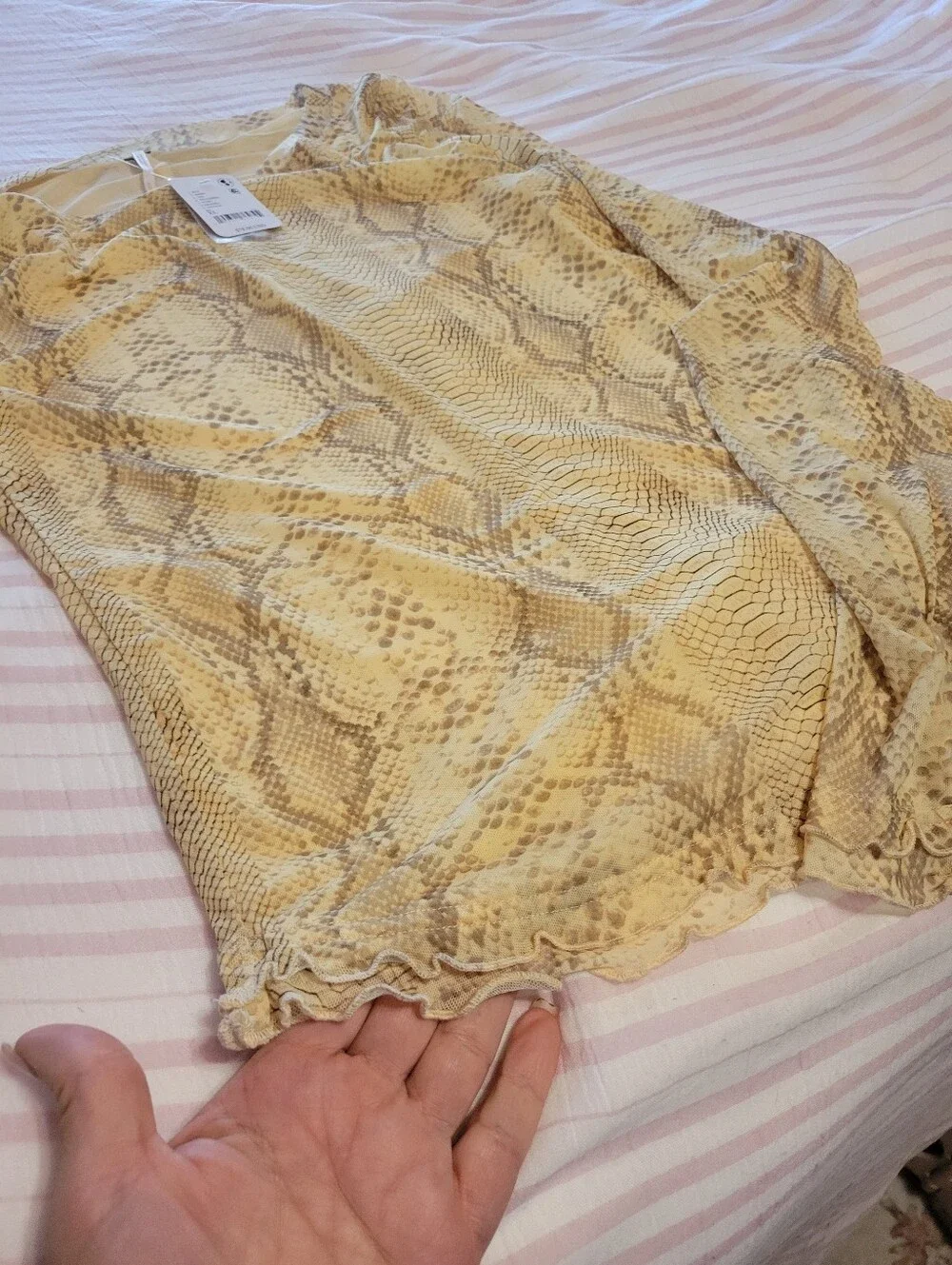Free People Snake-Print Mesh Long Sleeve Blouse in Beige